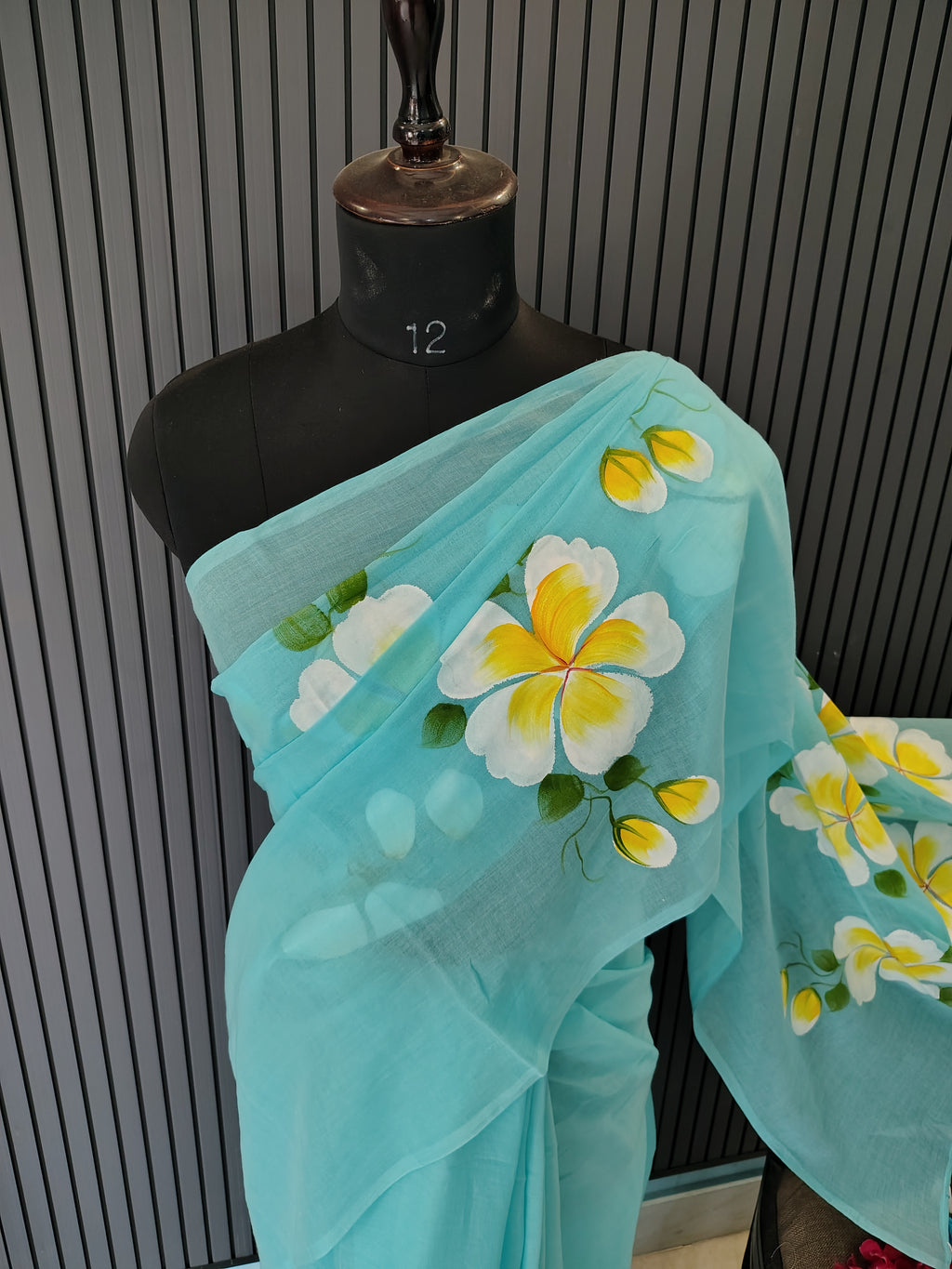 Sky Blue Hibiscus Mulmul Saree