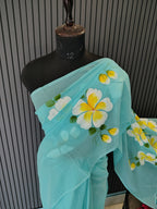 Sky Blue Hibiscus Mulmul Saree