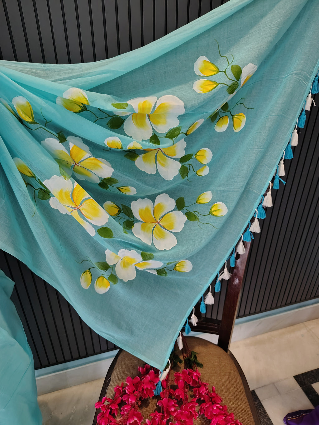 Sky Blue Hibiscus Mulmul Saree