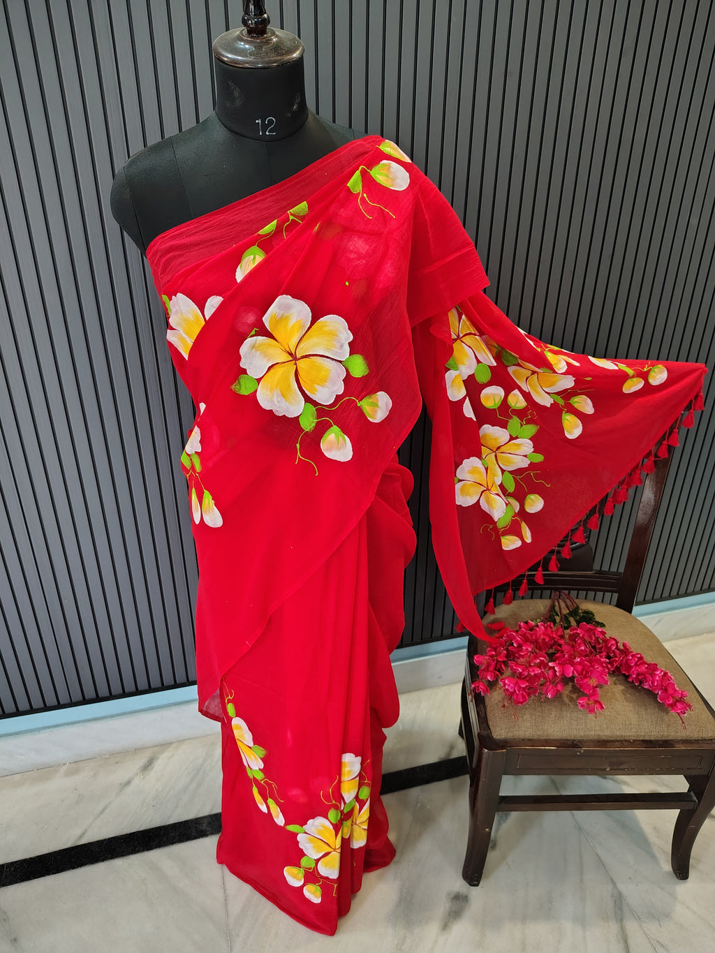 Red Hibiscus Mulmul Saree