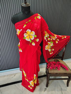 Red Hibiscus Mulmul Saree