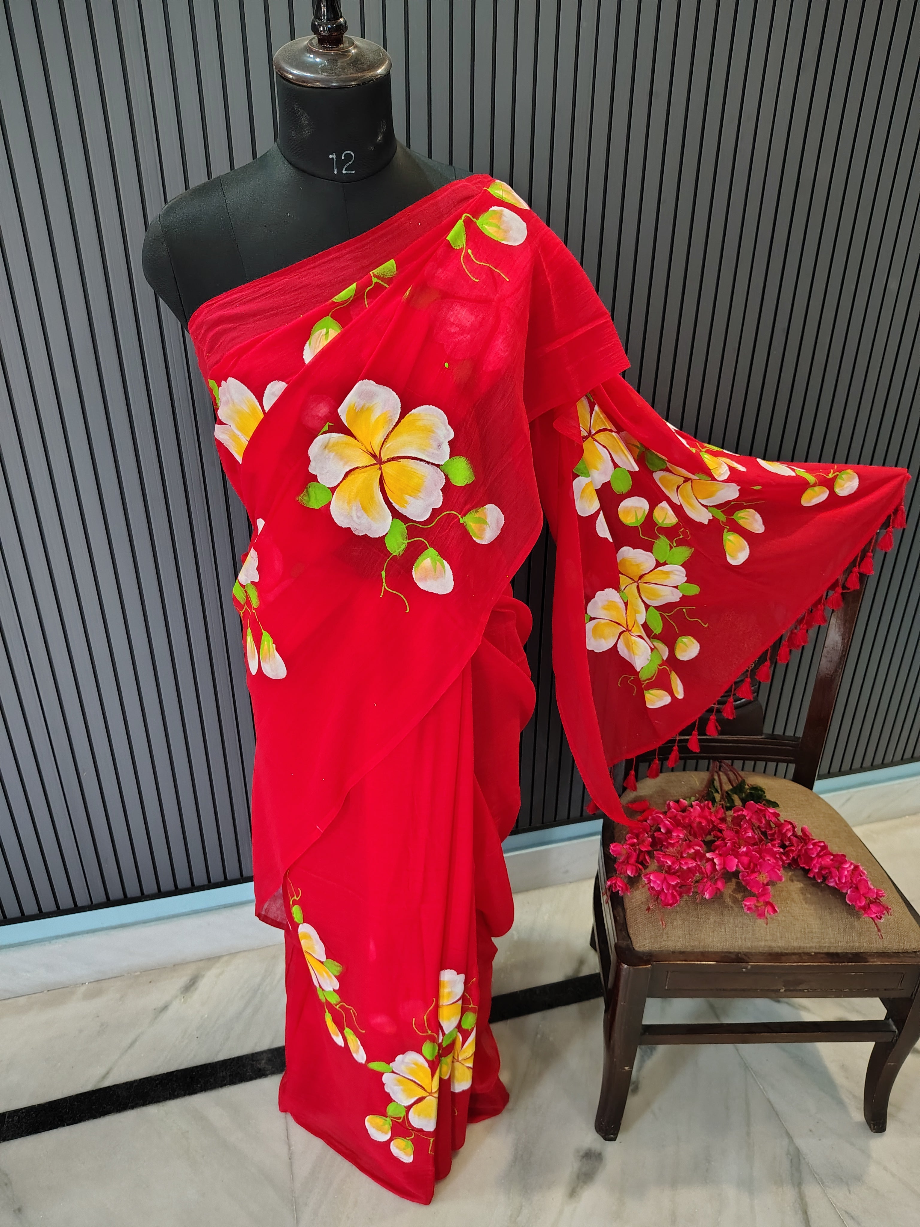 Red Hibiscus Mulmul Saree