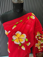 Red Hibiscus Mulmul Saree