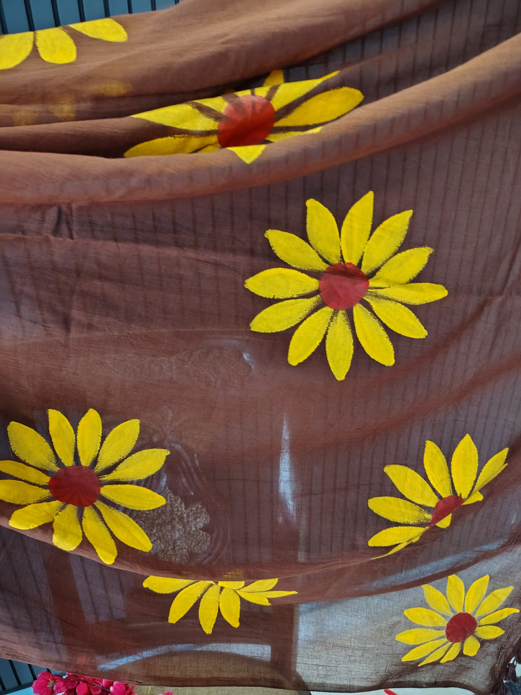 Brown Sunflower Mulmul Saree