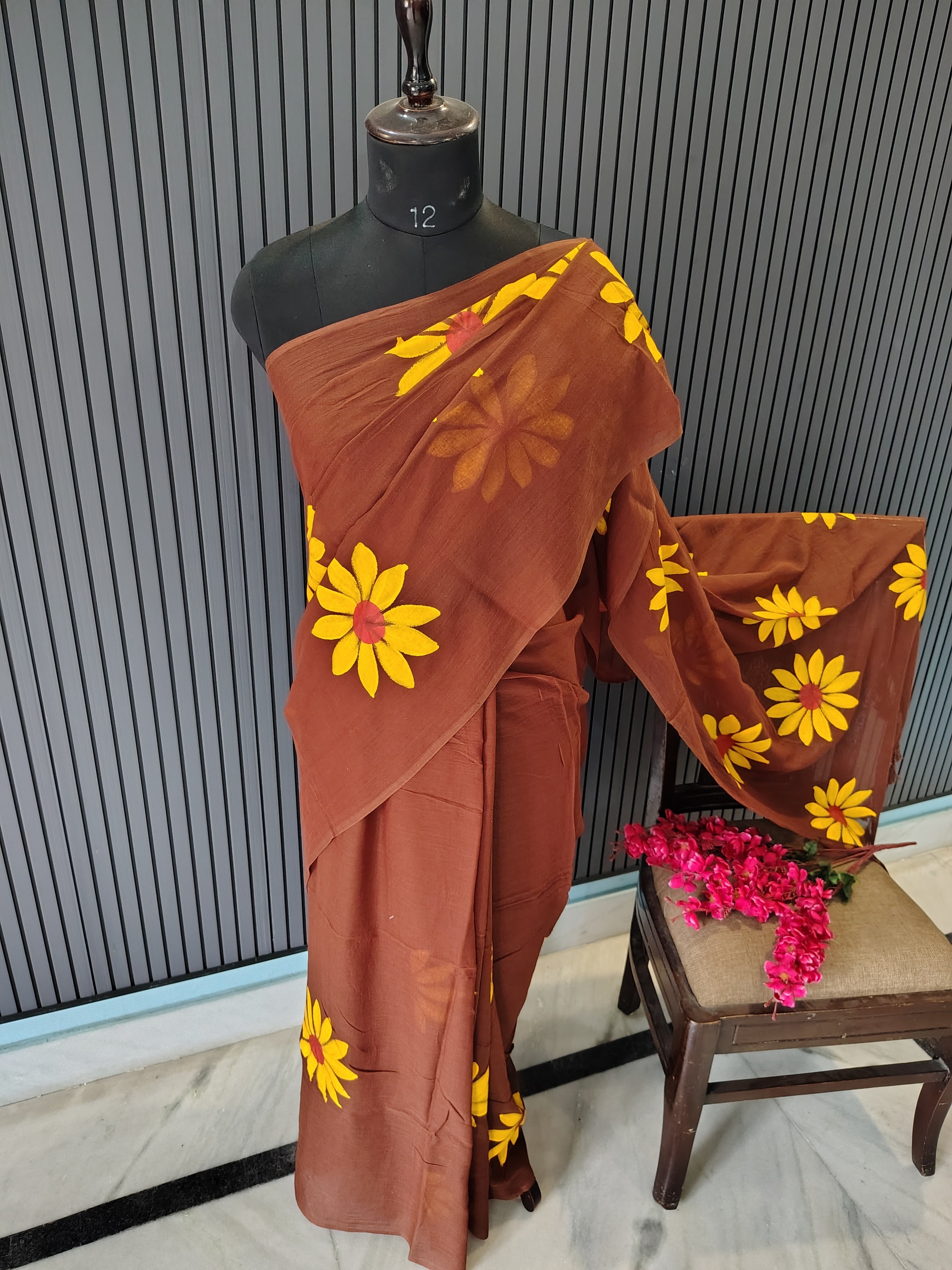 Brown Sunflower Mulmul Saree