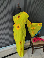 Neon Green Sunflower Mulmul Saree