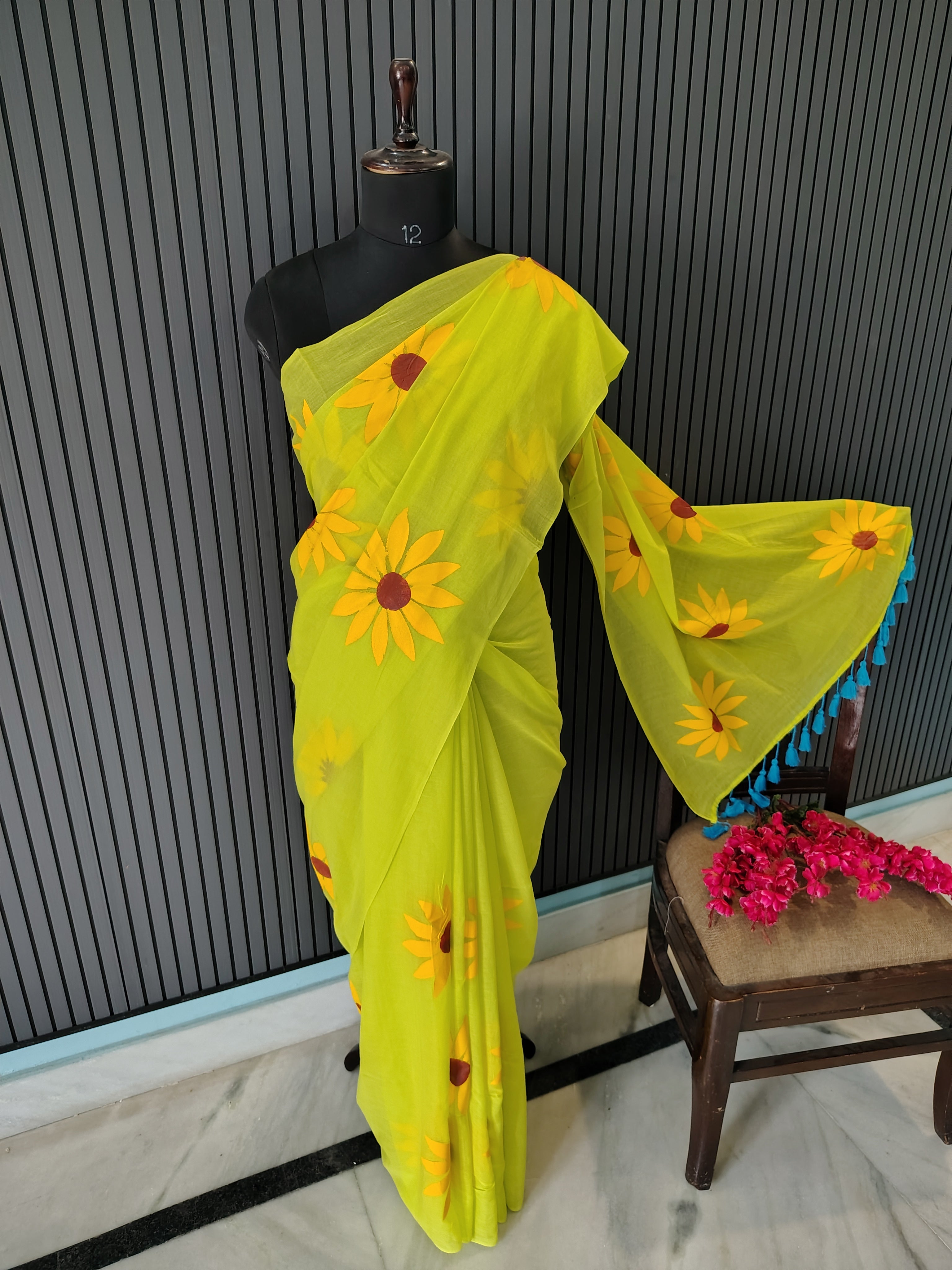 Neon Green Sunflower Mulmul Saree