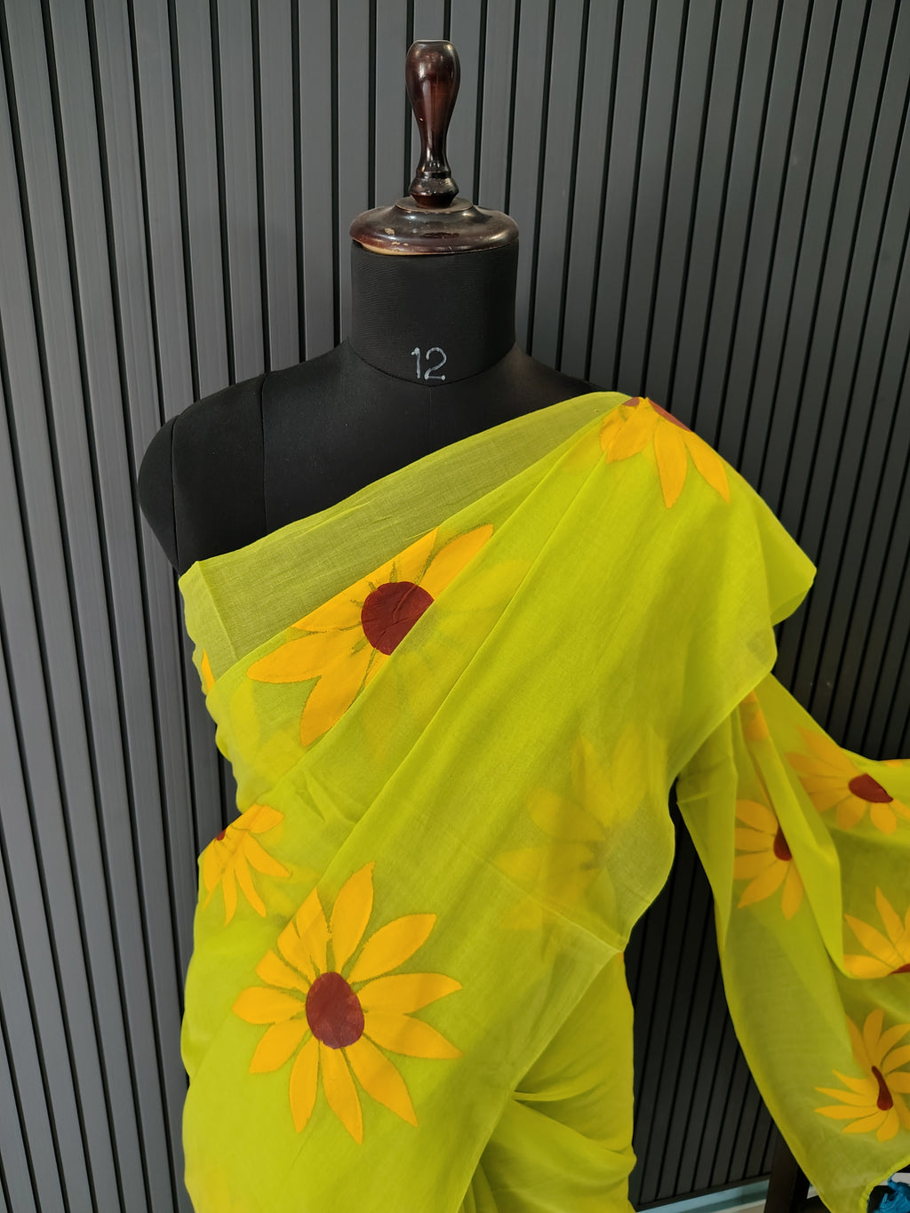 Neon Green Sunflower Mulmul Saree