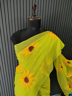 Neon Green Sunflower Mulmul Saree
