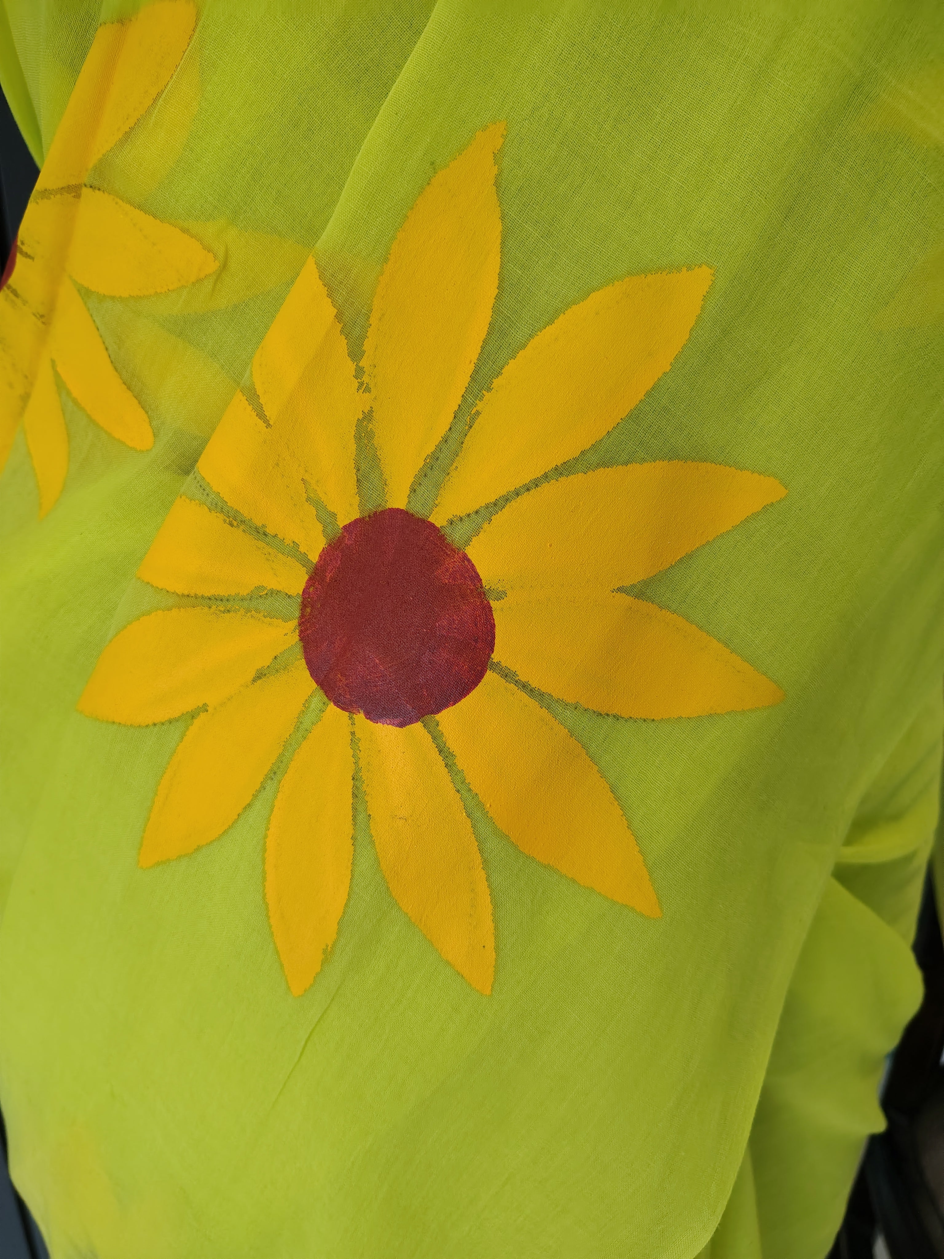Neon Green Sunflower Mulmul Saree