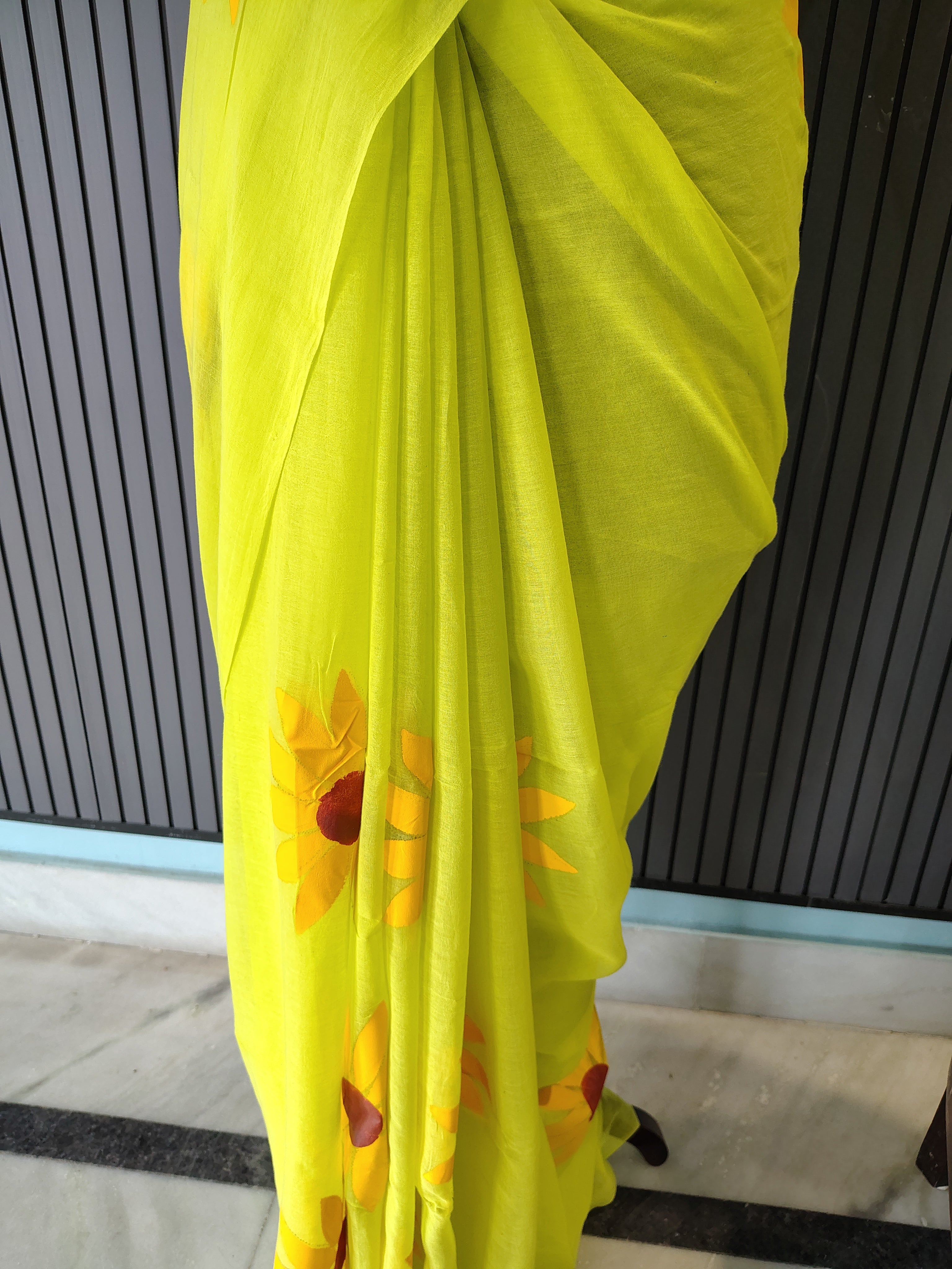 Neon Green Sunflower Mulmul Saree