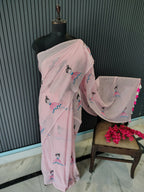 Baby Pink Doll Embroidered Mulmul Saree