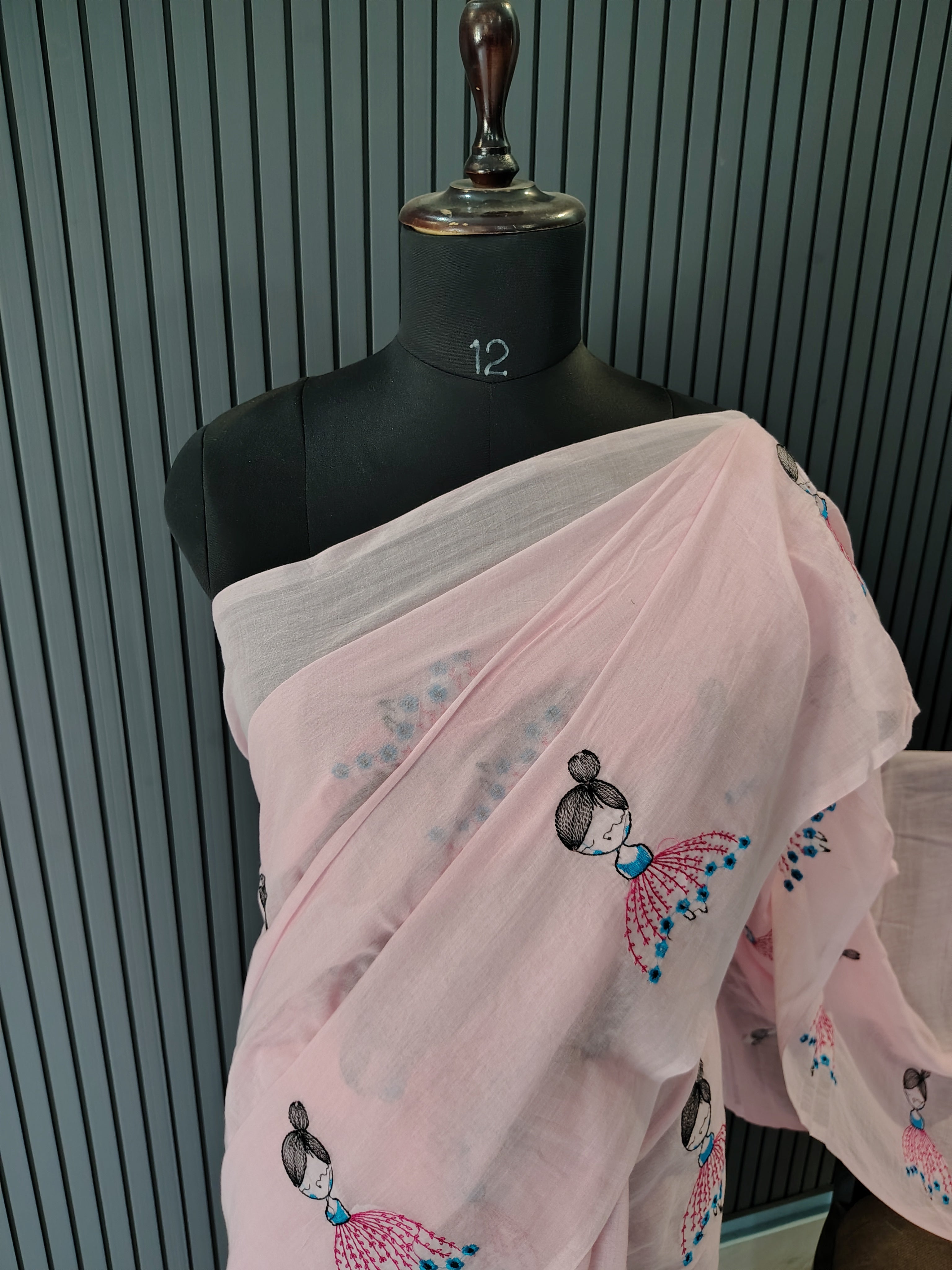 Baby Pink Doll Embroidered Mulmul Saree