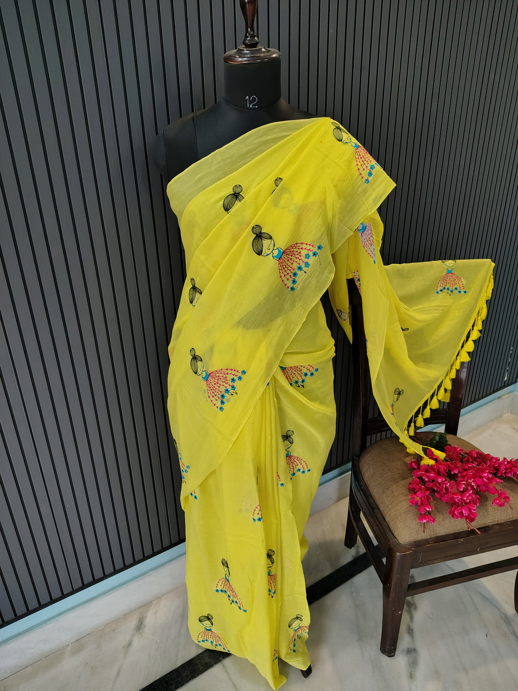 Yellow Doll Embroidered Mulmul Saree