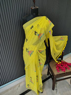 Yellow Doll Embroidered Mulmul Saree