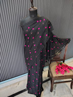 Black Pink Heart Embroidered Mulmul Saree