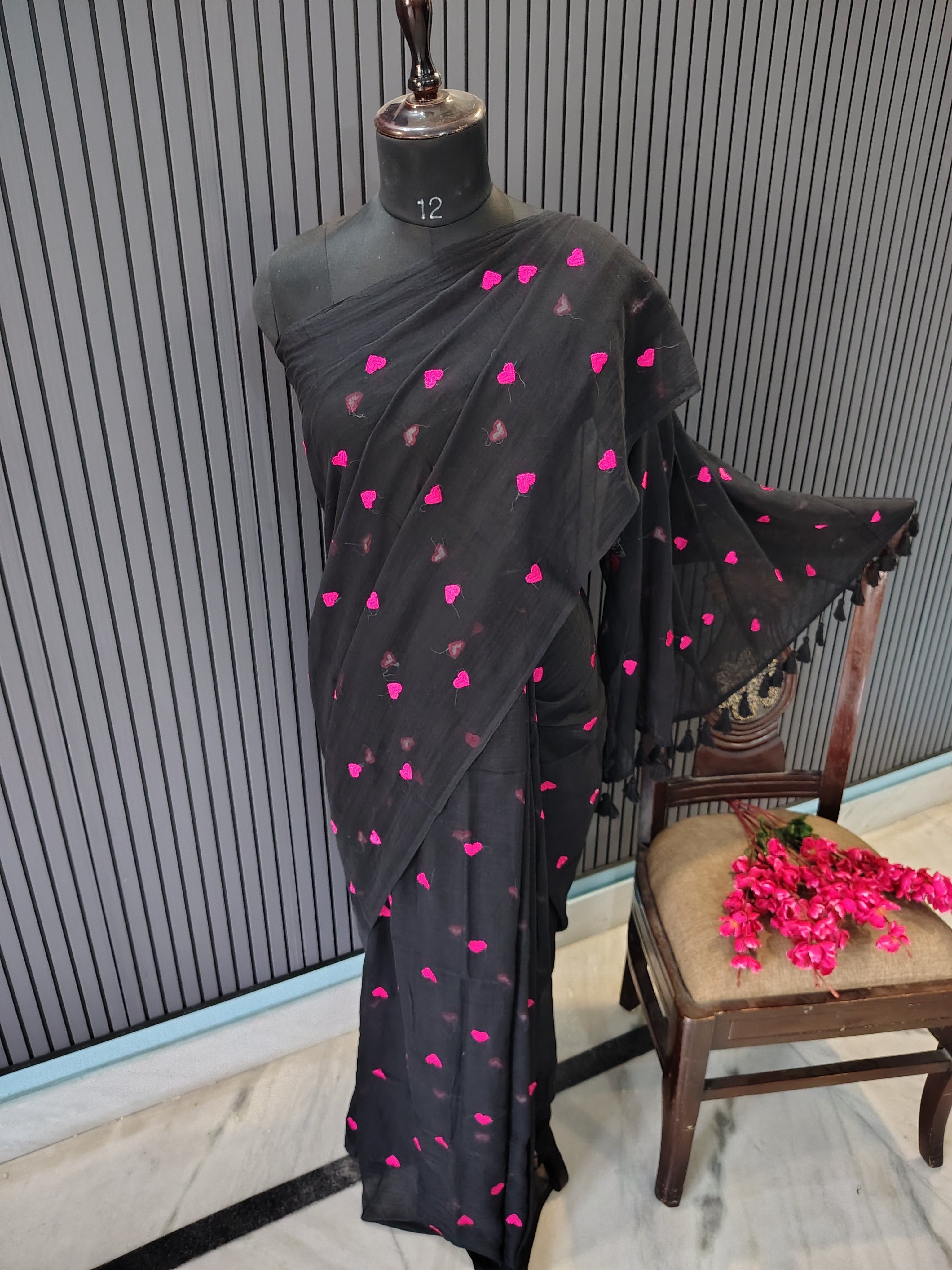 Black Pink Heart Embroidered Mulmul Saree