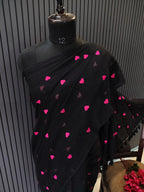 Black Pink Heart Embroidered Mulmul Saree