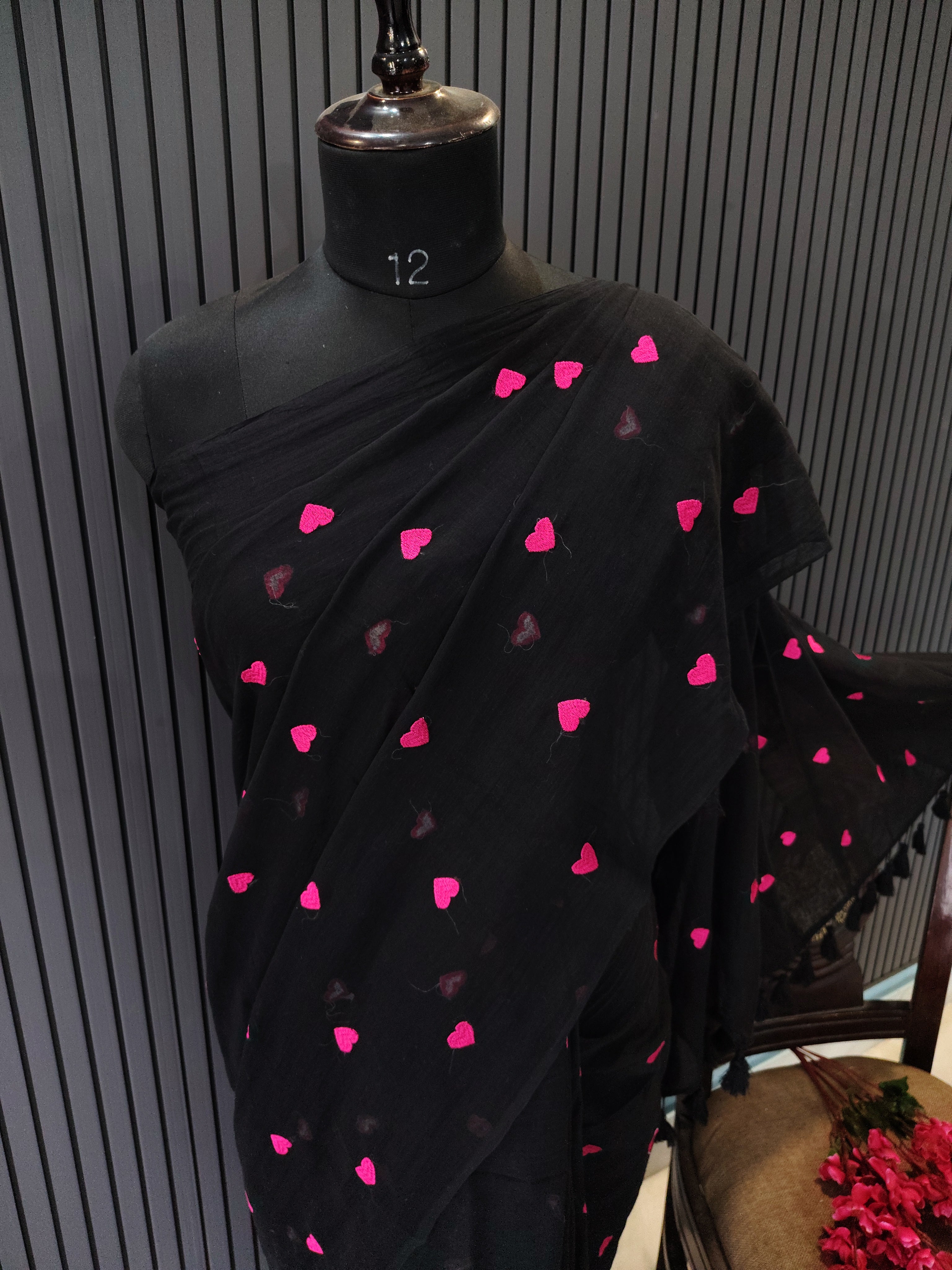 Black Pink Heart Embroidered Mulmul Saree