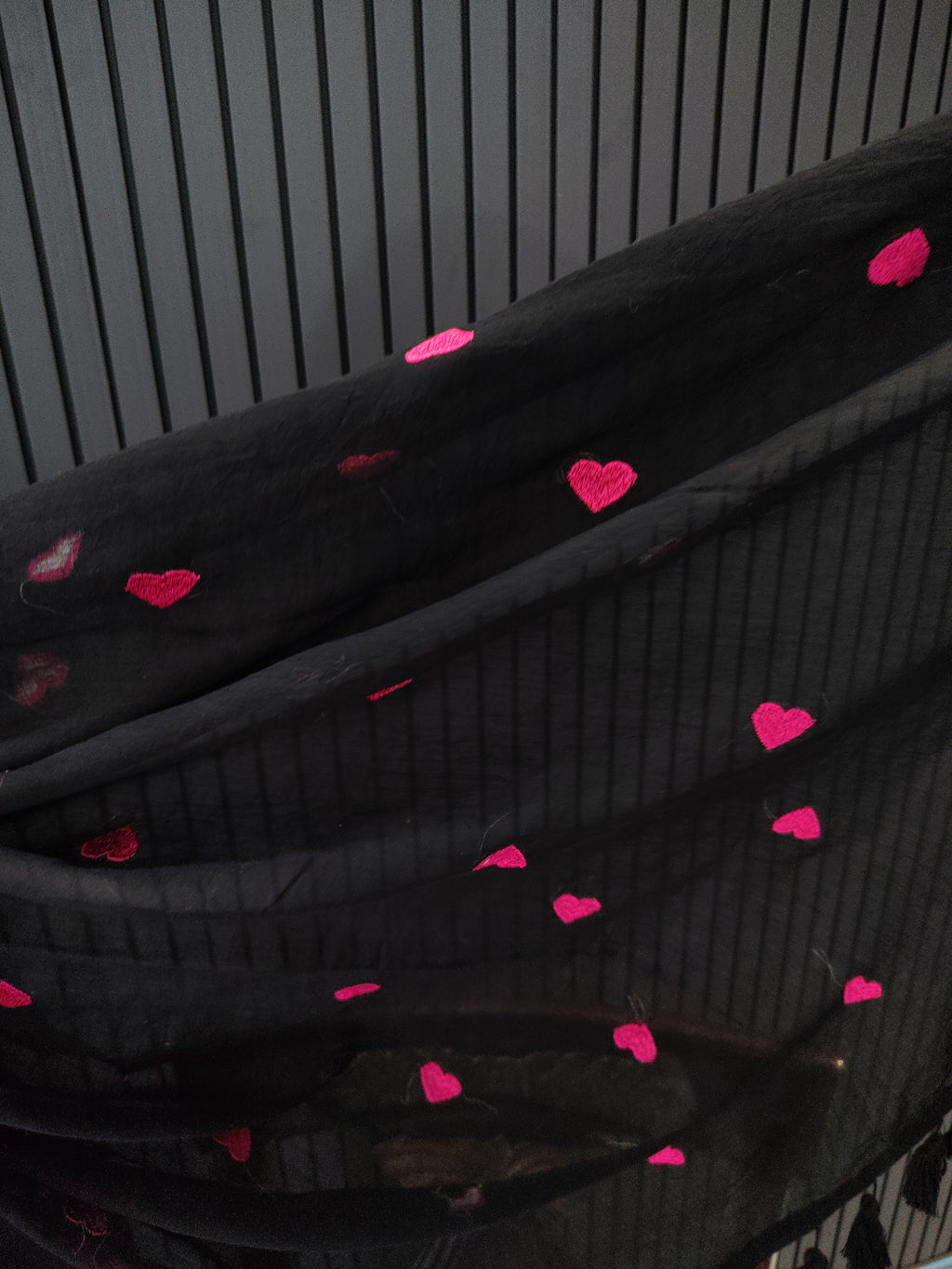 Black Pink Heart Embroidered Mulmul Saree