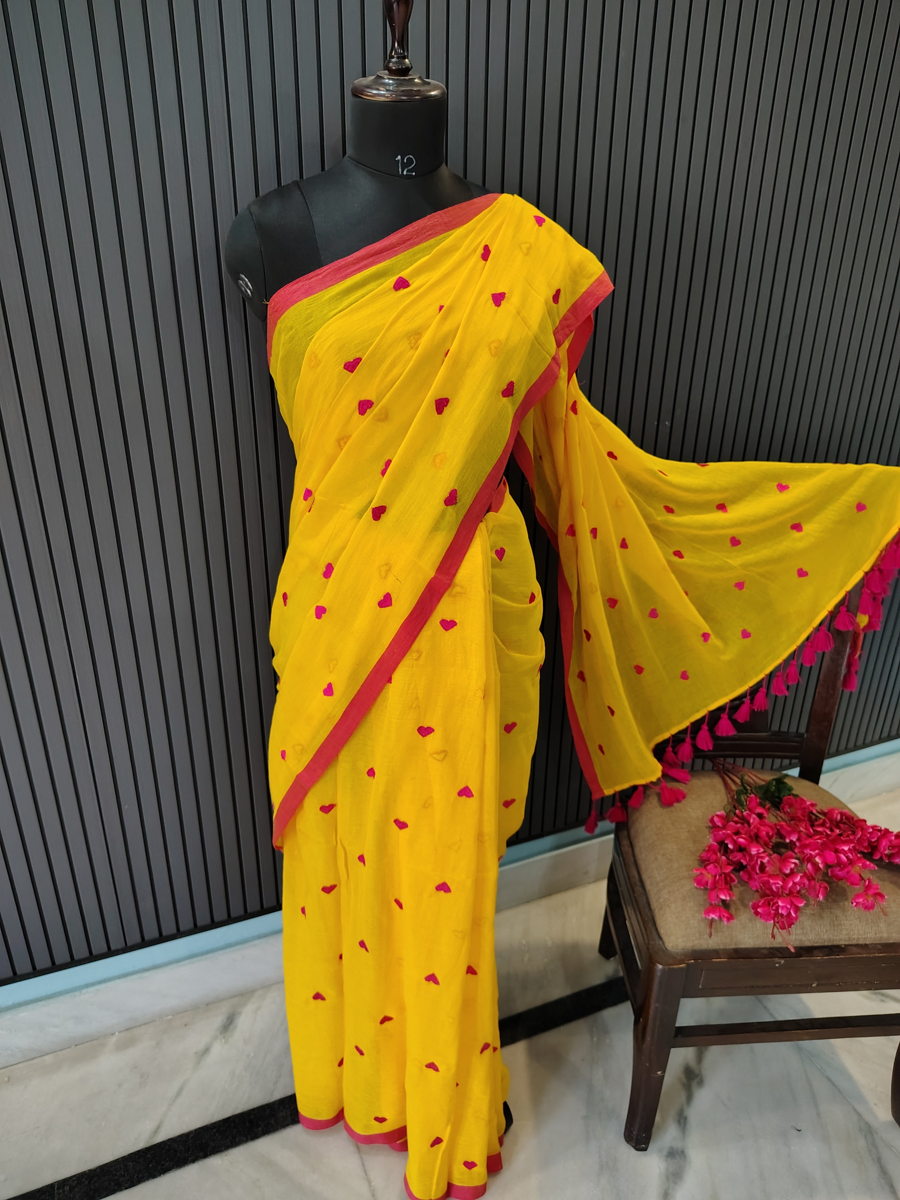 Mango Yellow Heart Embroidered Mulmul Saree