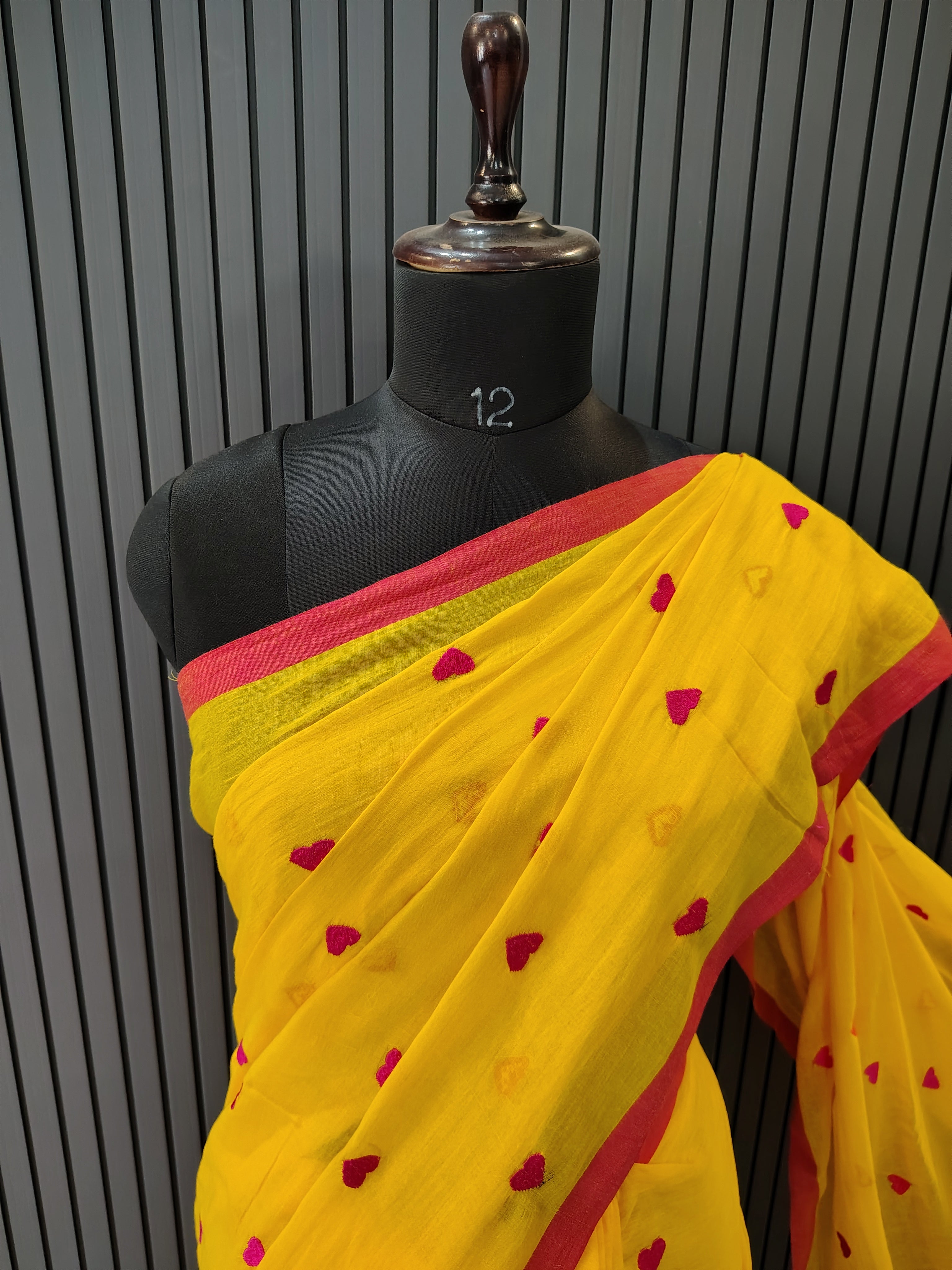Mango Yellow Heart Embroidered Mulmul Saree