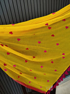 Mango Yellow Heart Embroidered Mulmul Saree