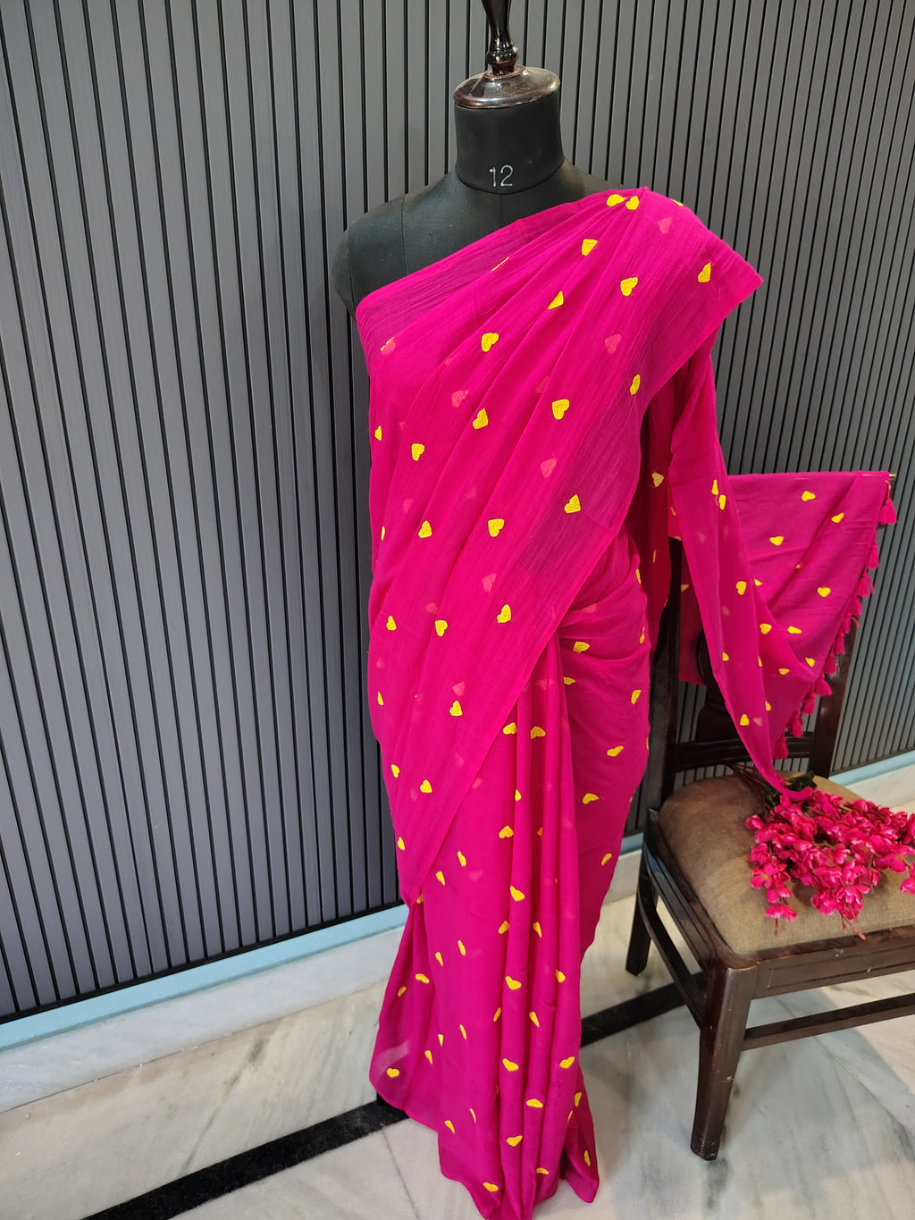 Magenta Heart Embroidered Mulmul Saree