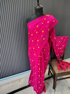 Magenta Heart Embroidered Mulmul Saree