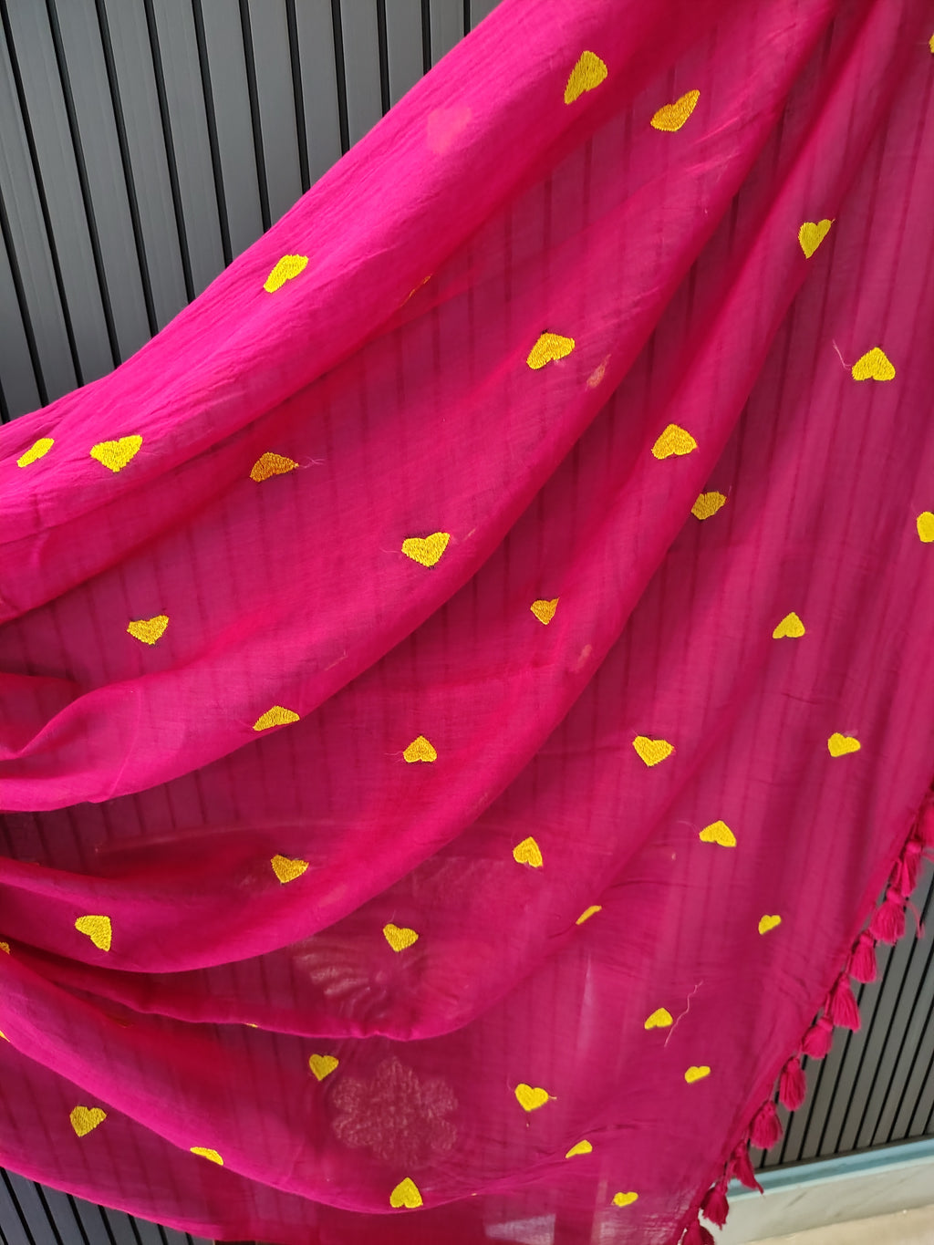 Magenta Heart Embroidered Mulmul Saree