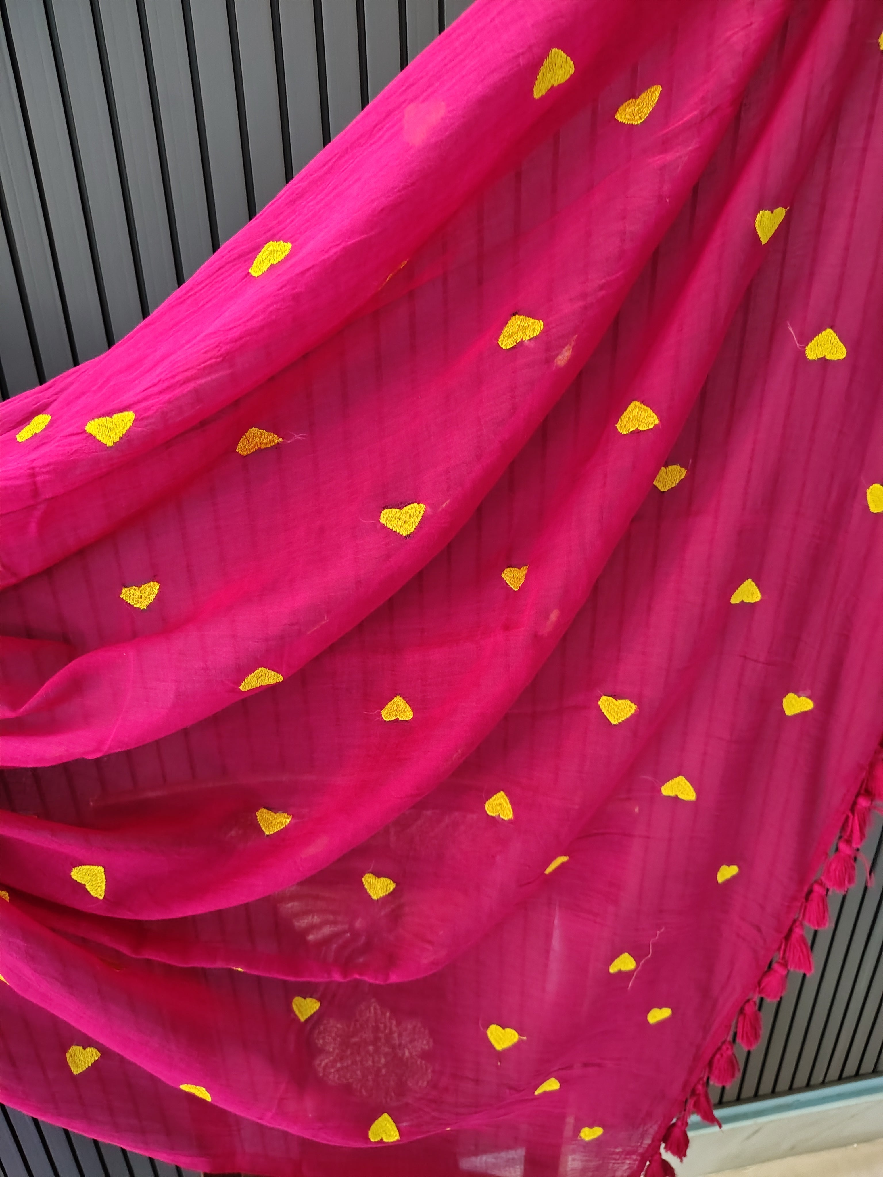 Magenta Heart Embroidered Mulmul Saree