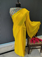Mango Yellow Plain Mulmul Saree