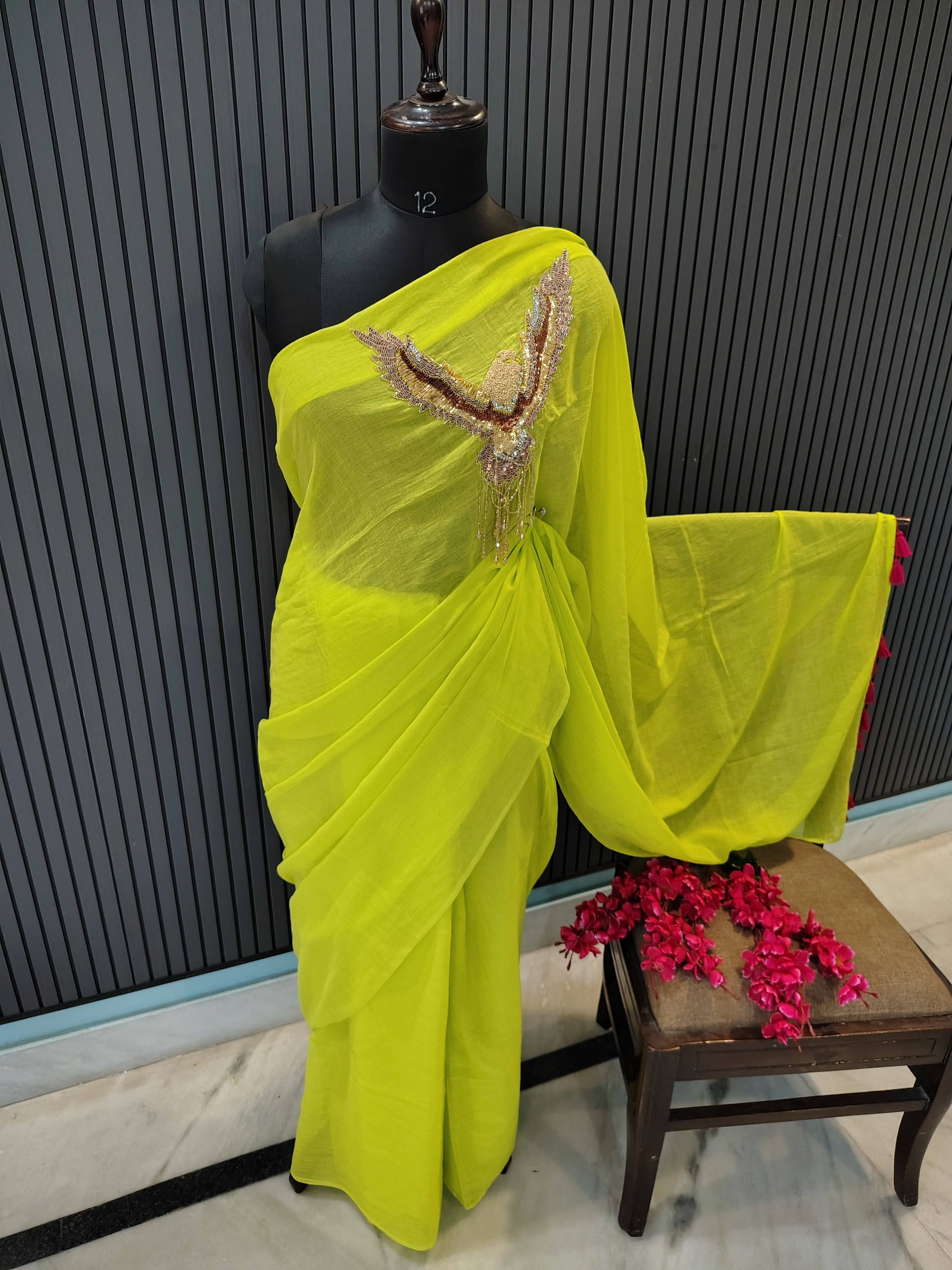 Neon Green Eagle Mulmul Saree