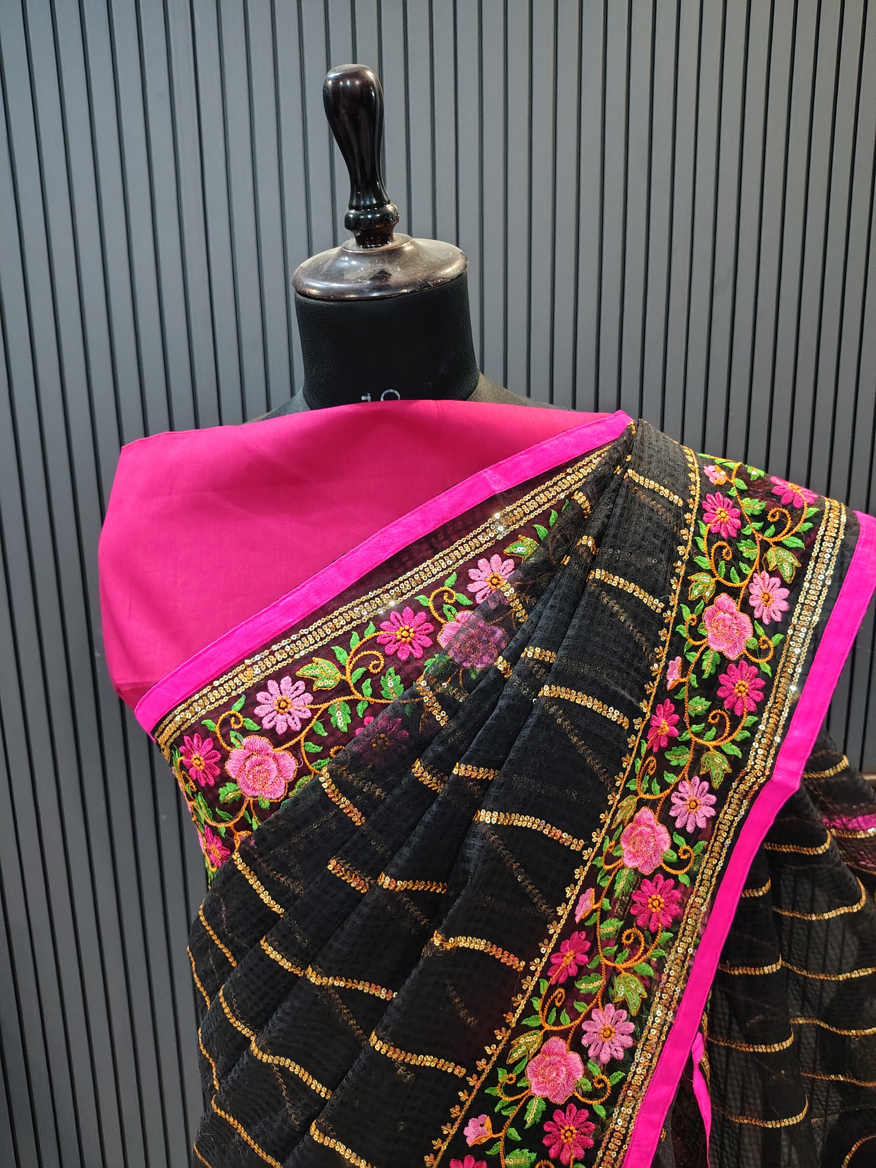Black Embroidery Kota Doriya Saree