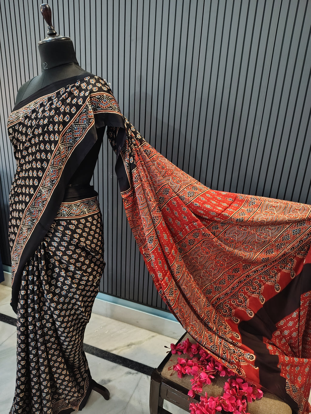 Midnight Stars Ajrakh Modal Silk Saree