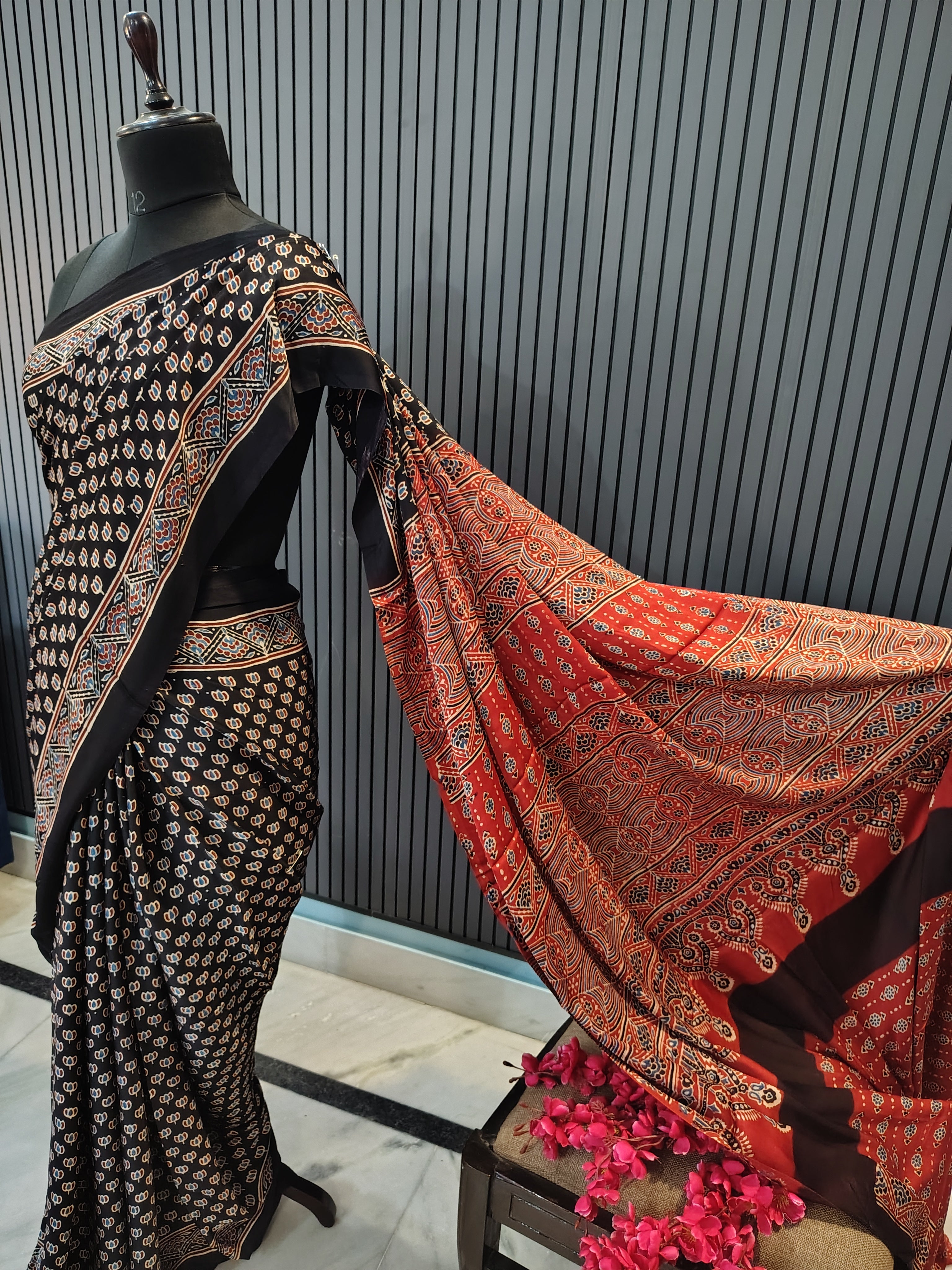 Midnight Stars Ajrakh Modal Silk Saree