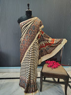 Ivory Stripes Ajrakh Modal Silk Saree
