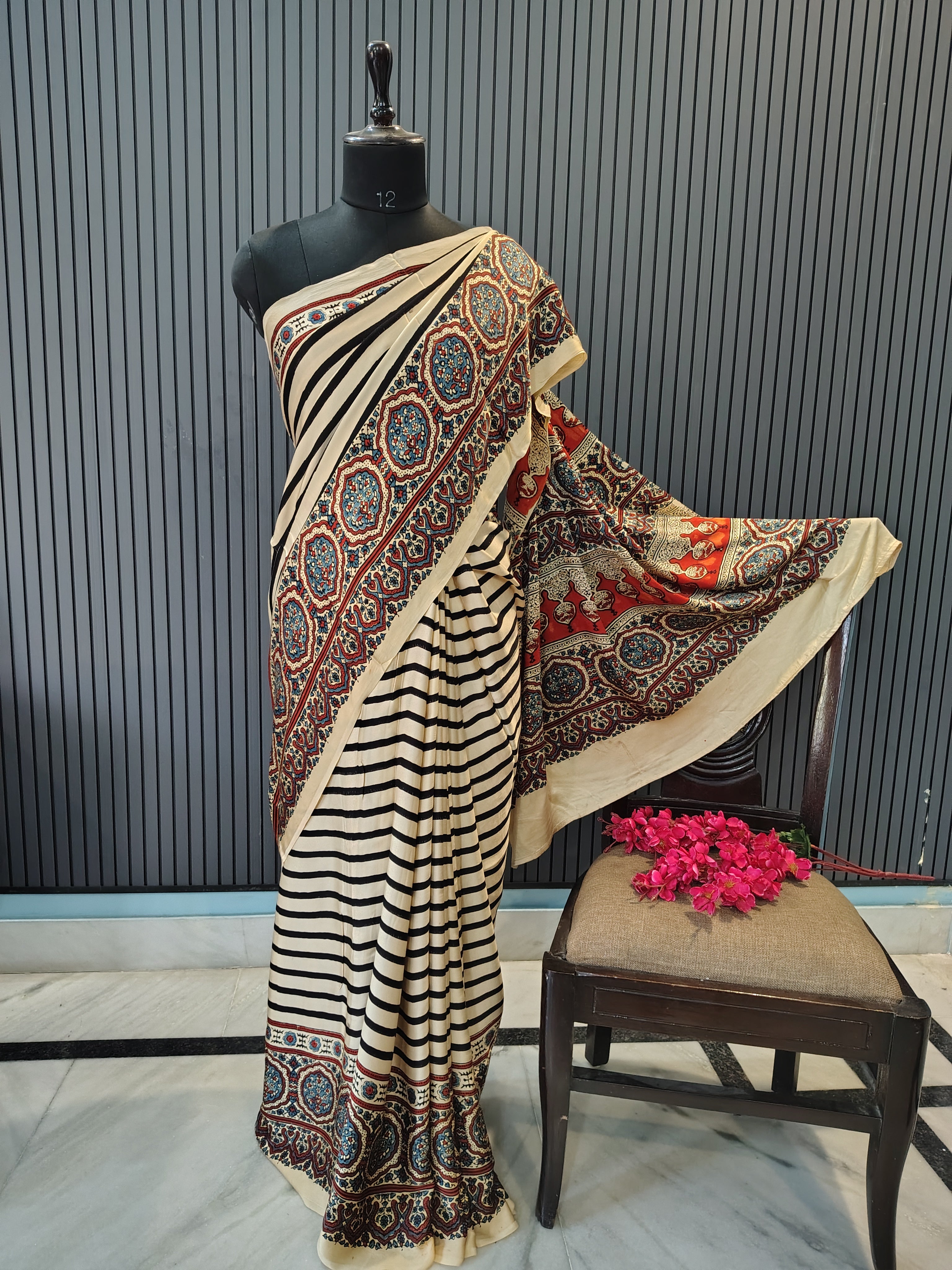 Ivory Stripes Ajrakh Modal Silk Saree