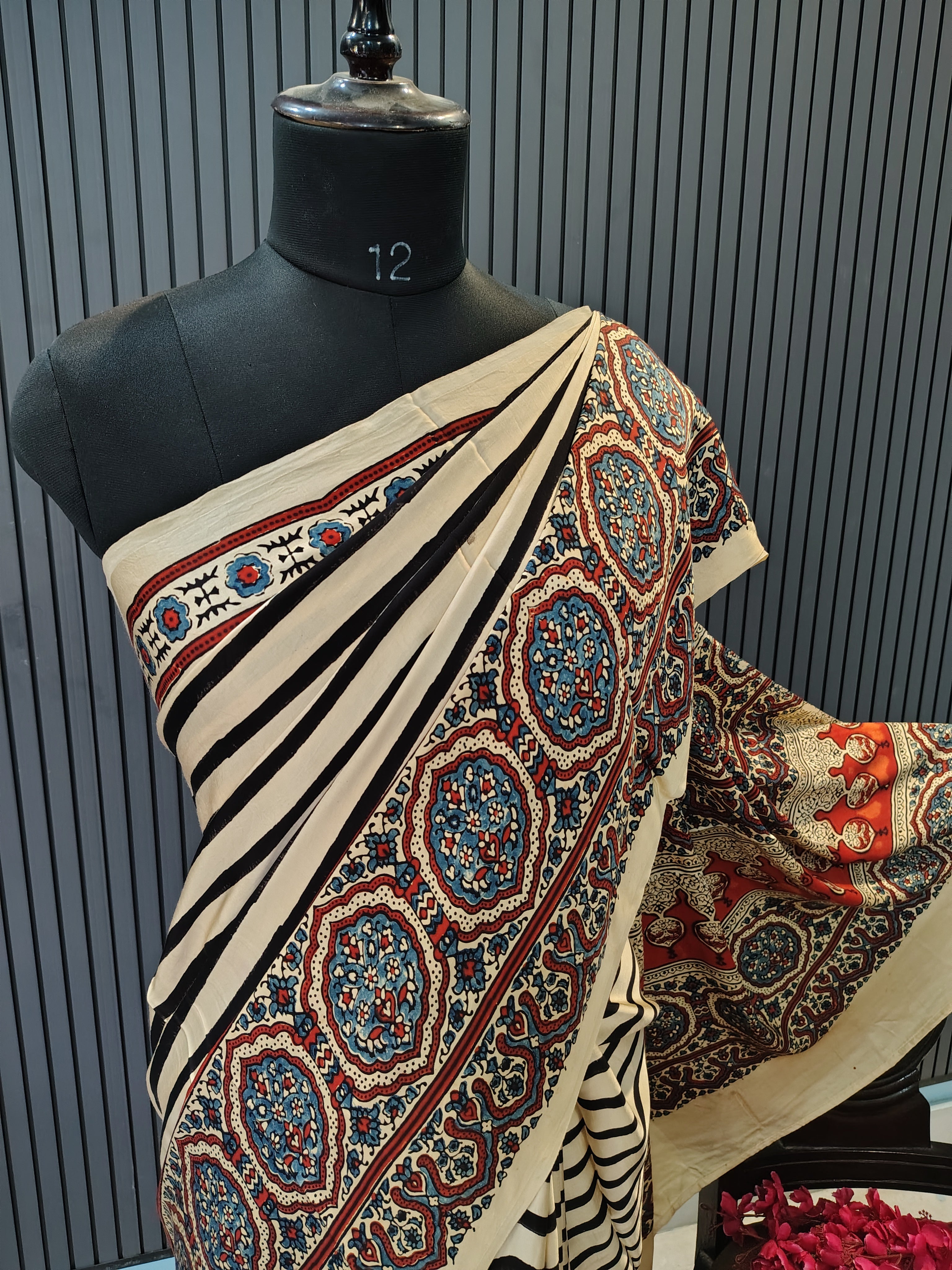 Ivory Stripes Ajrakh Modal Silk Saree
