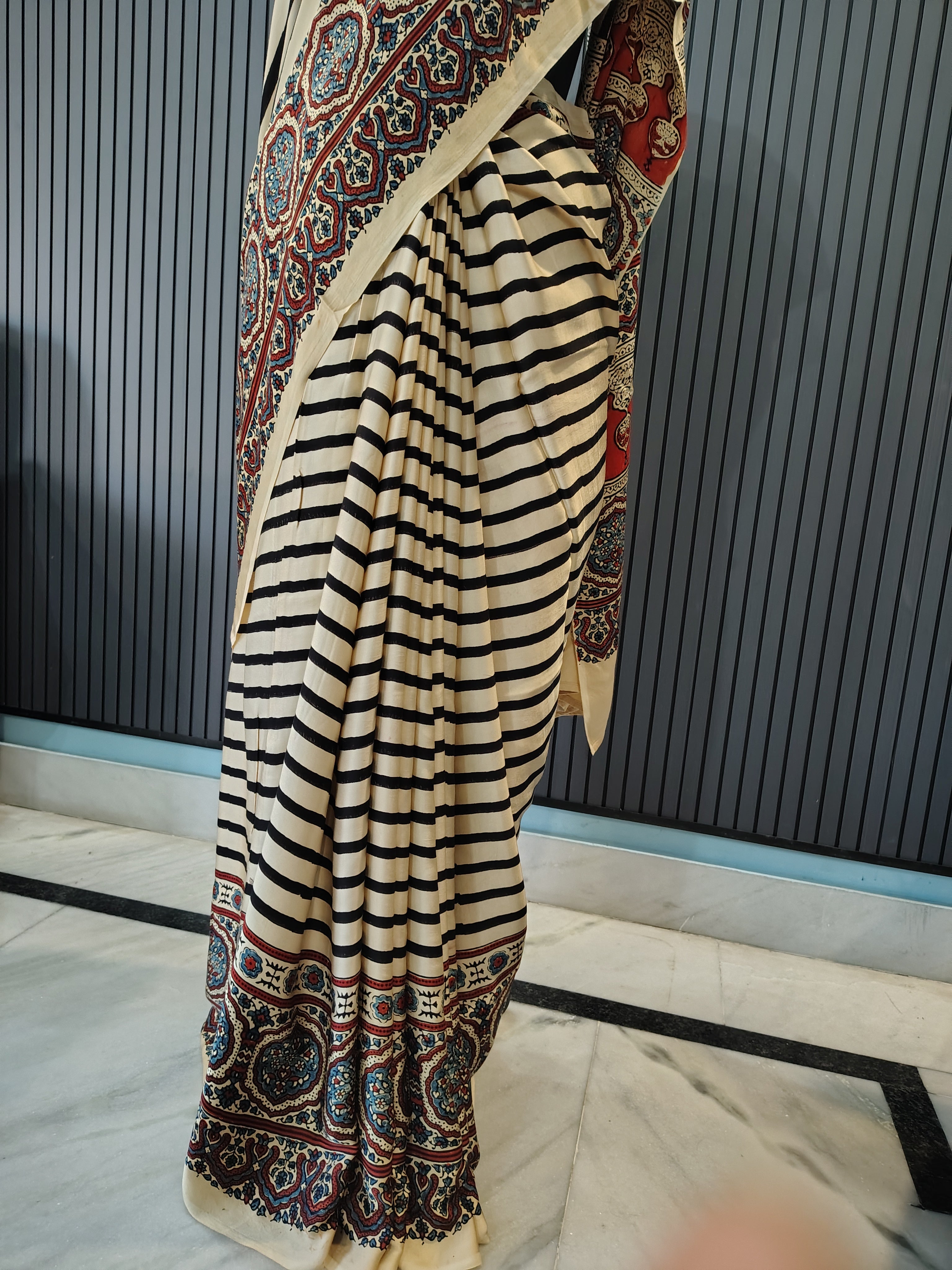 Ivory Stripes Ajrakh Modal Silk Saree