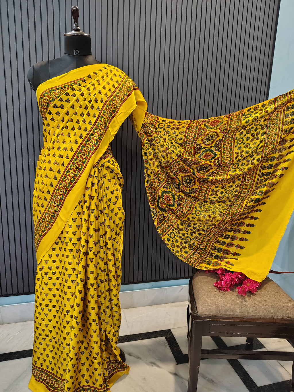 Marigold Ajrakh Modal Silk Saree