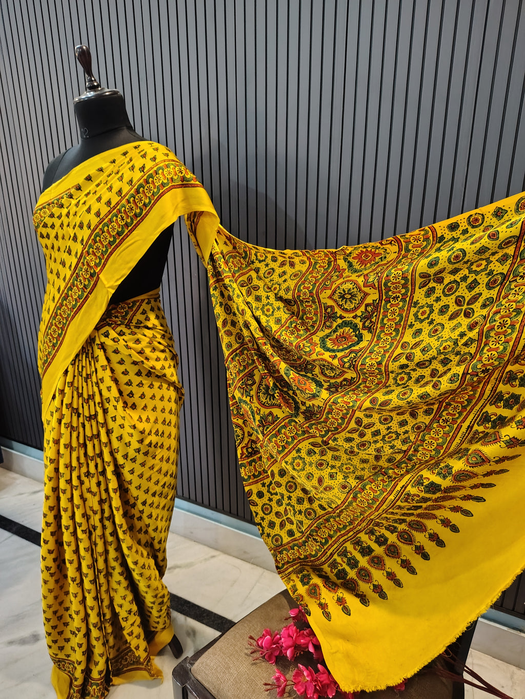 Marigold Ajrakh Modal Silk Saree