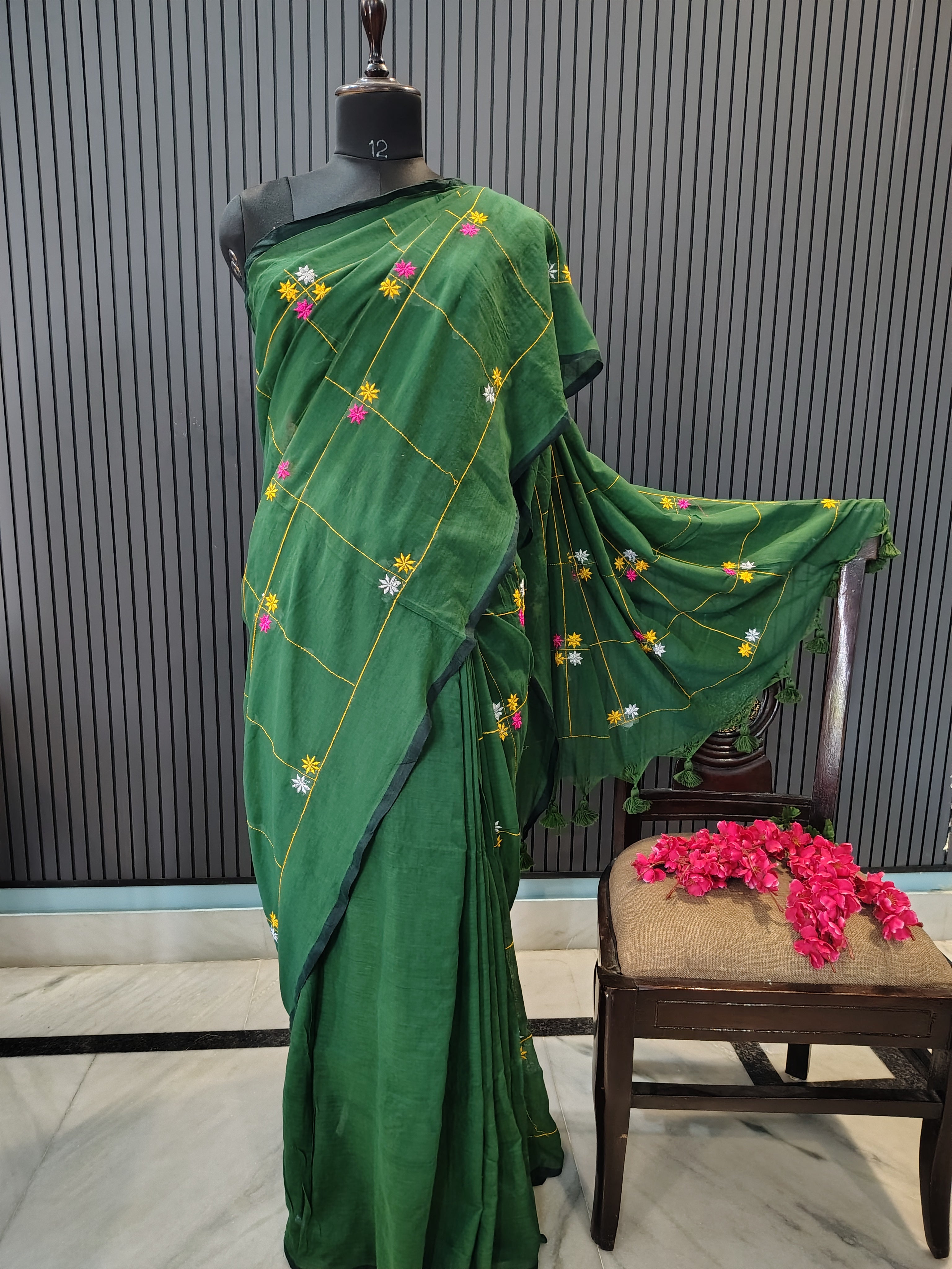 Green Soft Cotton Embroidery Saree