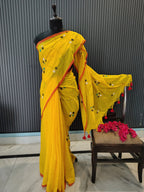 Yellow Soft Cotton Embroidery Saree