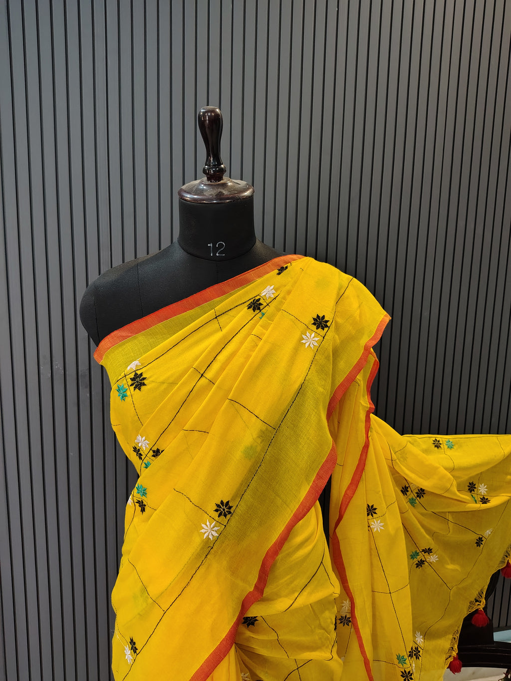 Yellow Soft Cotton Embroidery Saree