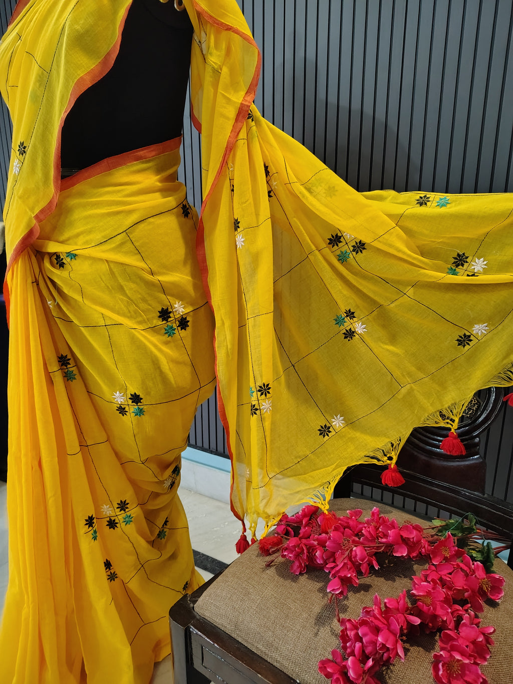 Yellow Soft Cotton Embroidery Saree