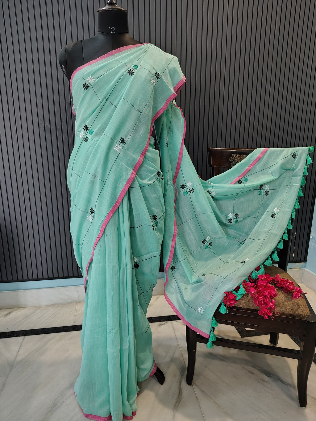 Blue Soft Cotton Embroidery Saree