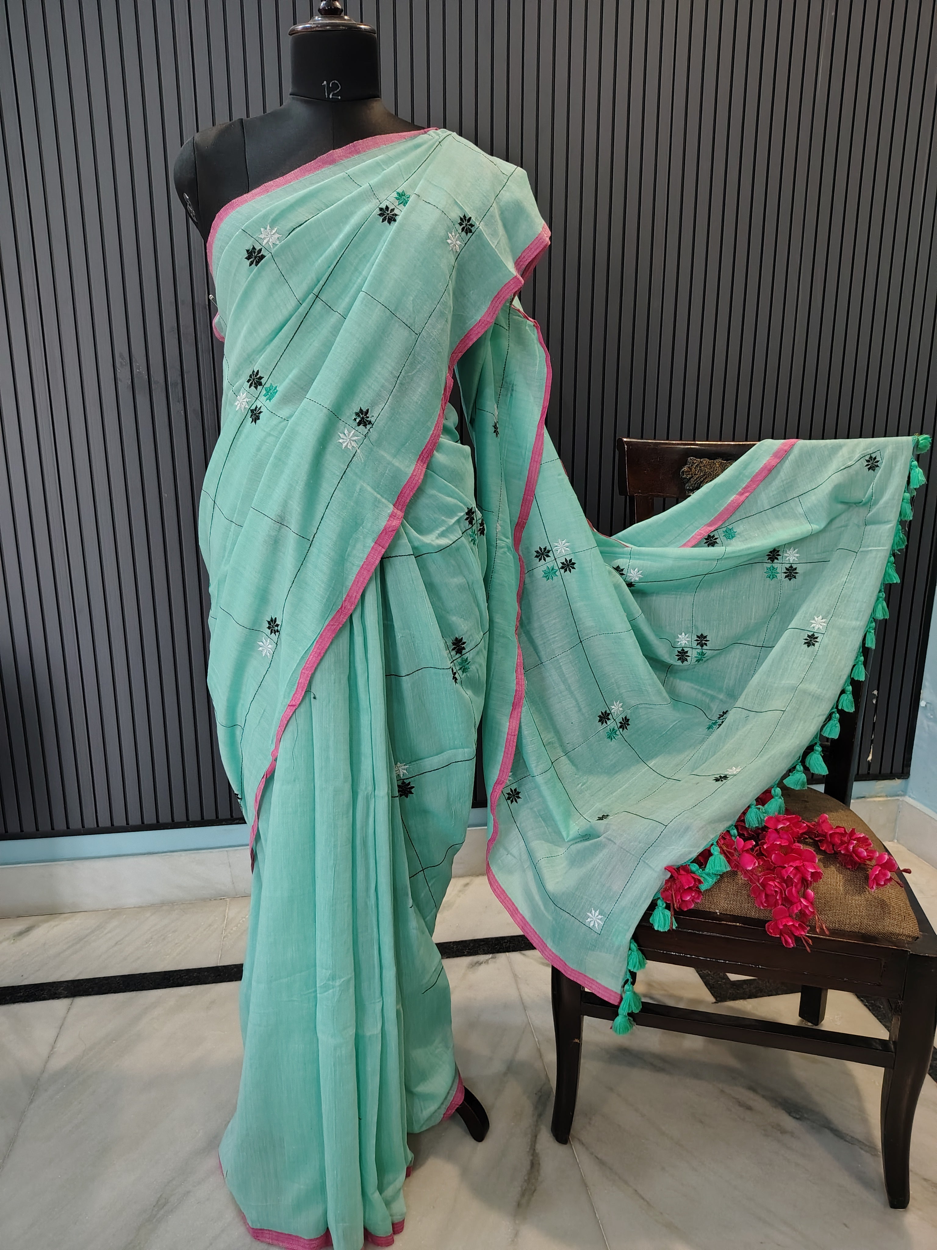 Blue Soft Cotton Embroidery Saree