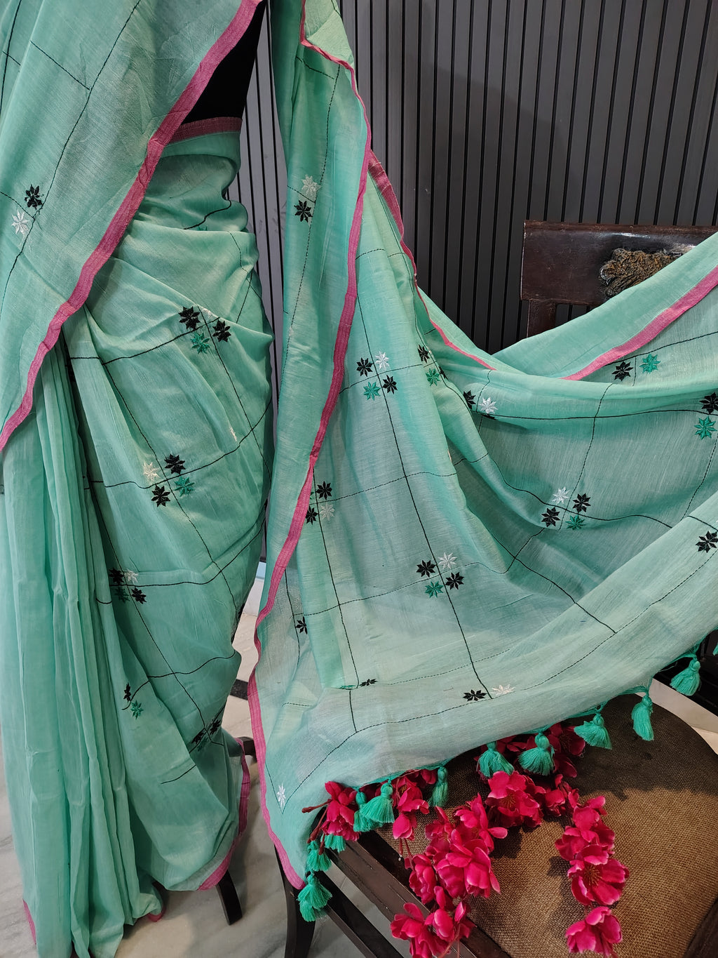 Blue Soft Cotton Embroidery Saree