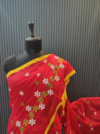 Red Soft Cotton Embroidery Saree